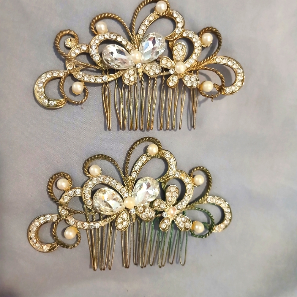 Gold Pearl & Crystal Bridal Hair Comb Set - Elegant Women’s Accent